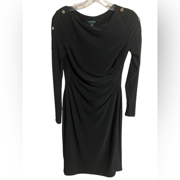 Lauren Ralph Lauren Slimming Blk Ruched Knee Lgth ButtonSleeve Detail Drees Sz 2 - Picture 4 of 7